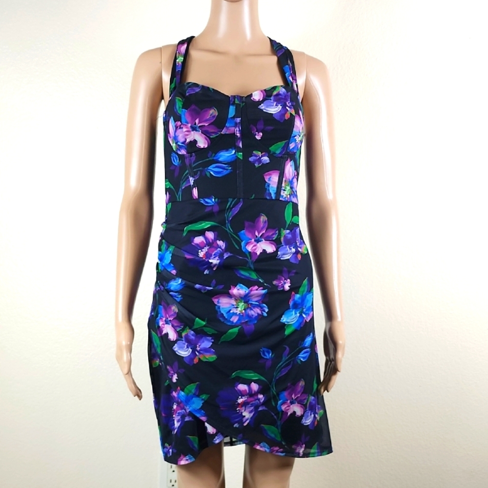 Lulu's Black Floral Mesh Bustier Tulip Tank Dress